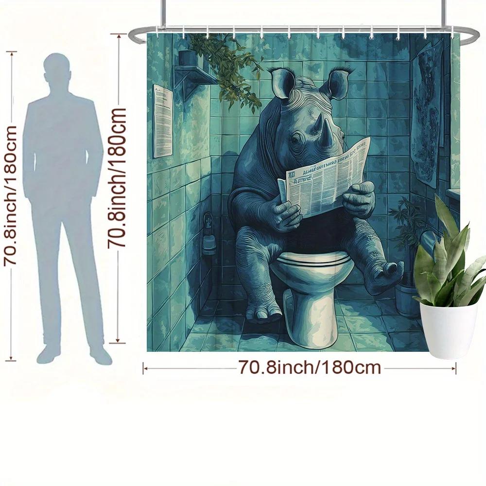 Rozmarný sprchový závěs do koupelny s nosorožcem - Surrealistická polyesterová dekorace s 12 háčky, 70,8 x 70,8 palce