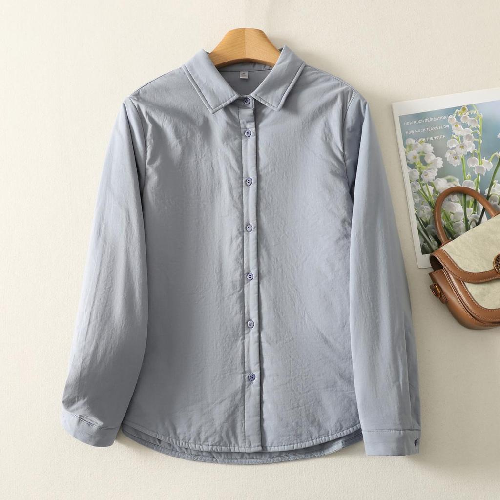 Women's Solid Color Cotton-Padded Shirt Jacket with Pointed Collar - Autumn/Winter Warm Top 86551