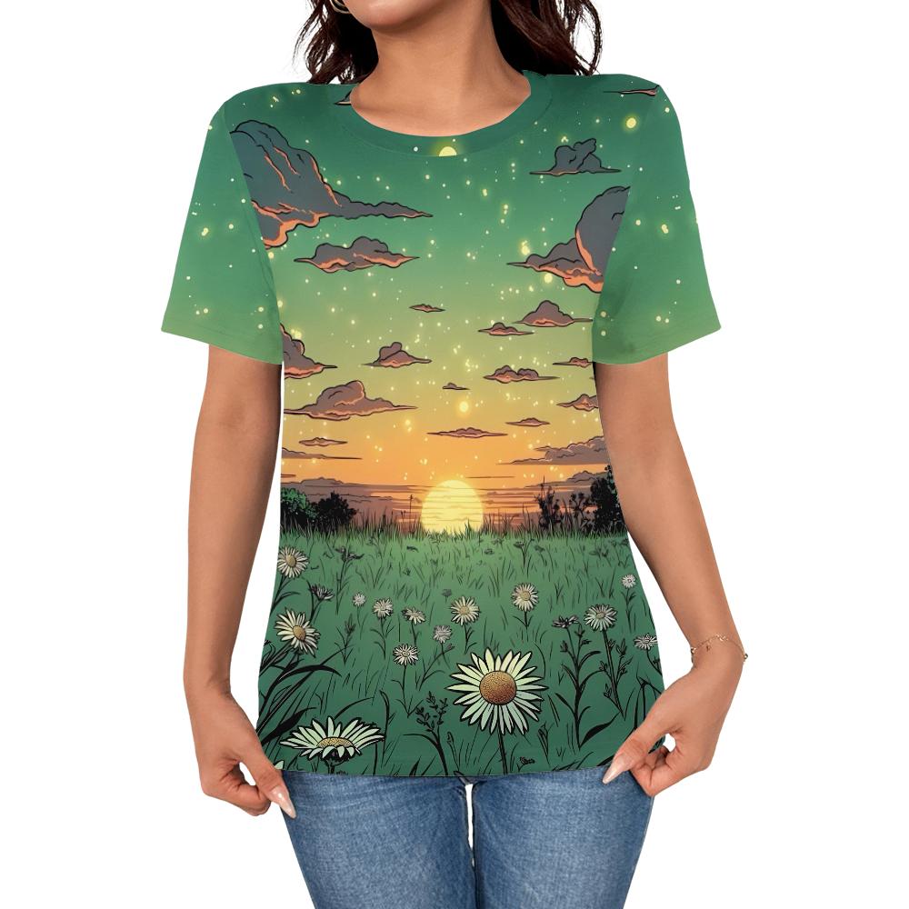 Summer Women s Elegant Personalized Cartoon Field Sunset 3D Printed Top T-shirt Women s Casual Fashion Short Sleeve Top S