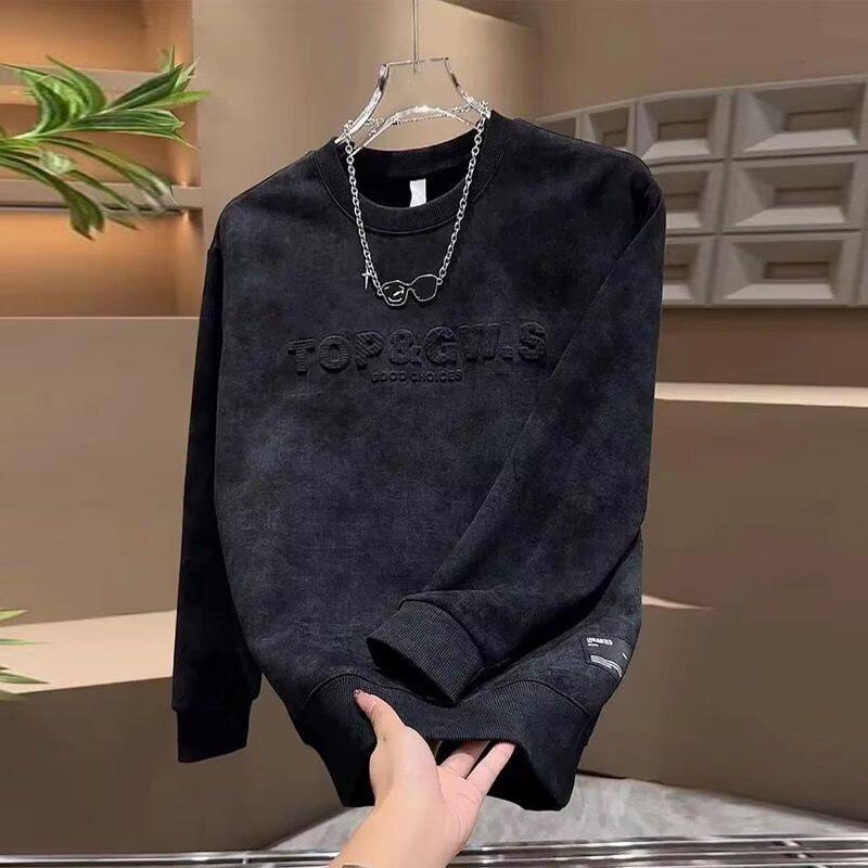 

Men s Trendy Round Neck Embossed Pullover: Autumn/Winter Casual Long Sleeve Velvet Hoodie L