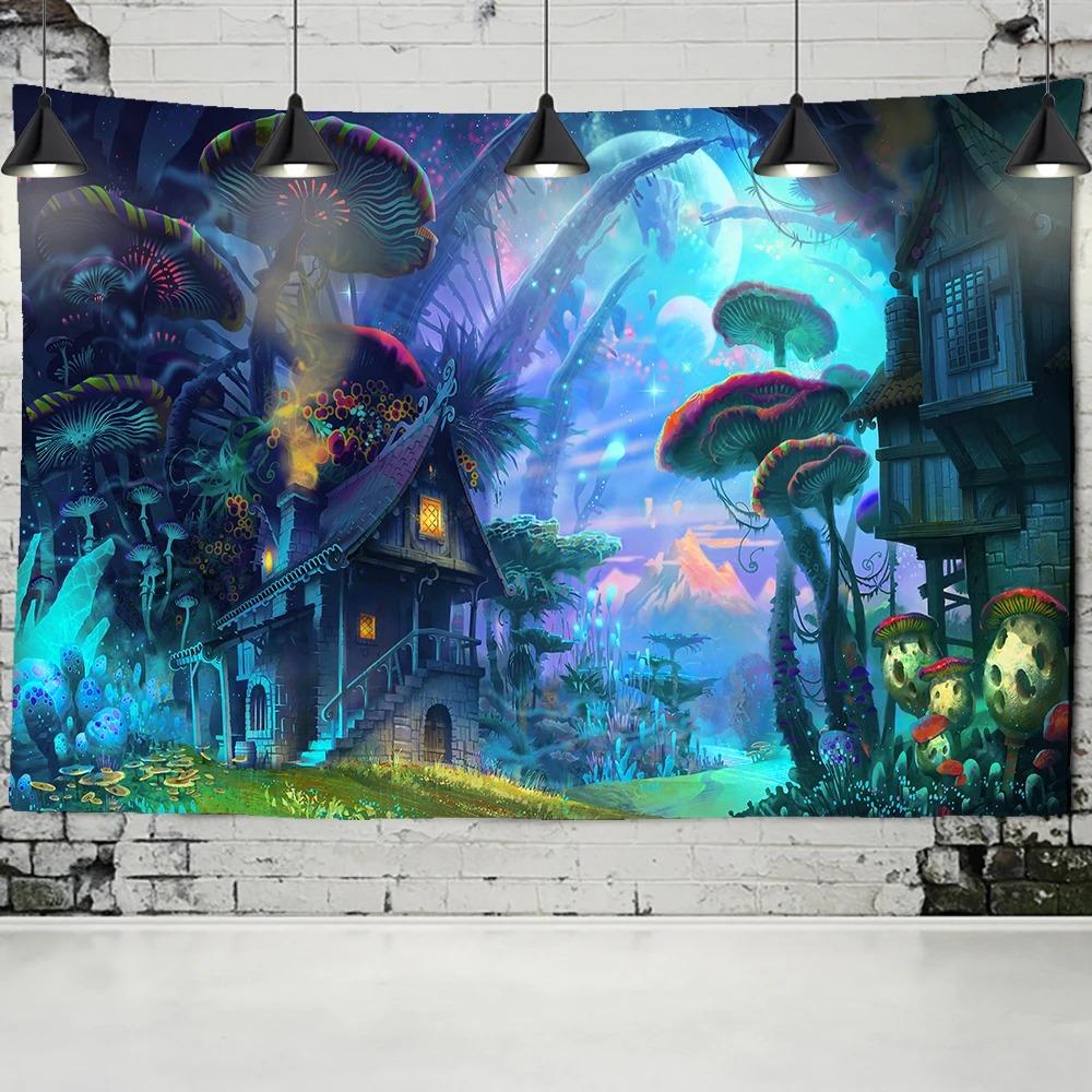 Forest Mushroom Cabin Wall Hanging Home Wall Decoration Tapestry Office Living Room Tapestry