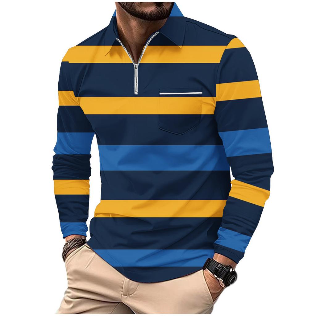 Fashion Polo Shirt Men's Printed Long Sleeve Zip Pocket Sports Polo Shirt Men's Striped Sweatshirt