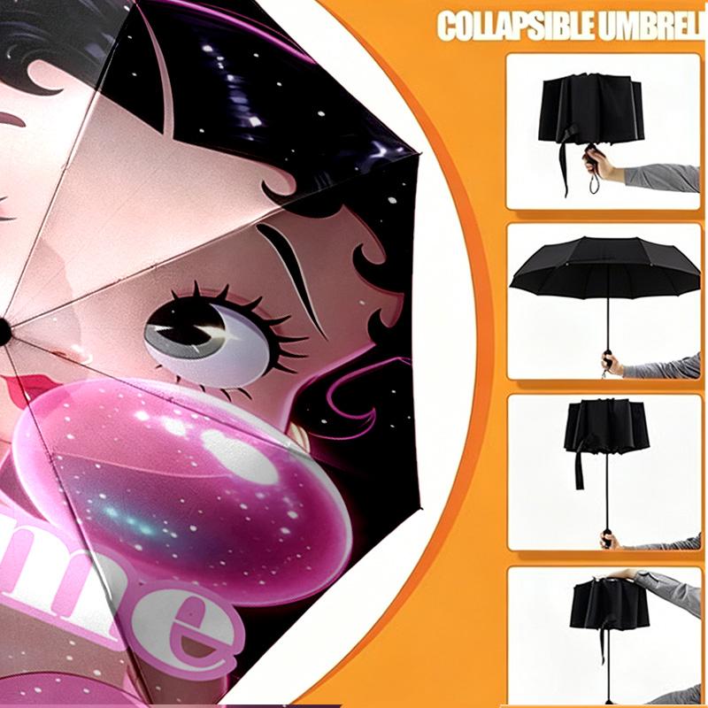 Custom Name Personalized Betty Boop Print Umbrella, Auto Open Close, 8‑Rib Sturdy Frame, Commute Camping Hiking Use, Birthday Gift