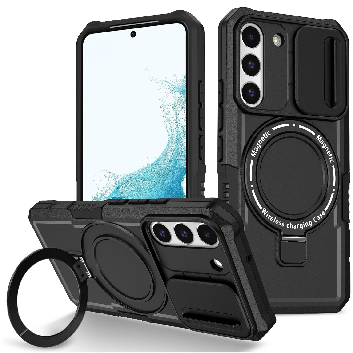 

For Samsung Galaxy S22+ 5G kickstand Case PC+TPU Magnetic Phone Shell with Lens Cover Black