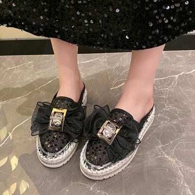 Fashion 2024 New Crystals Butterfly-knot Flat Platform Heels Summer Half Slippers Women Bling Shoes Breathable Mesh Slides Size 35-40