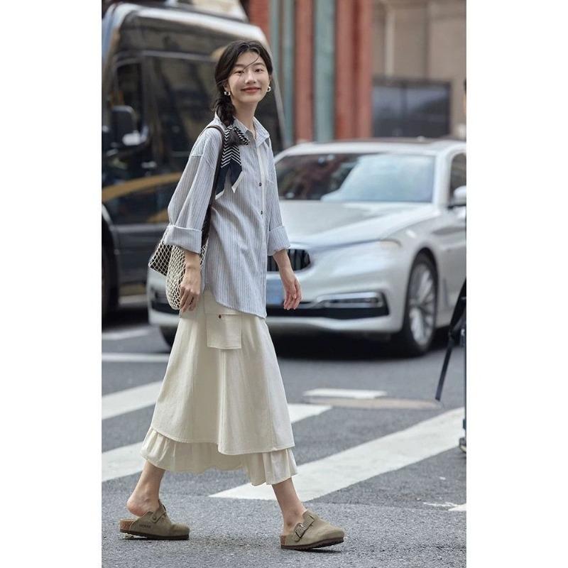 Striped Women's Long Sleeved Shirt Fashionable Contrasting Single Pocket Blouses Korean Commuting Style Lady Clothing