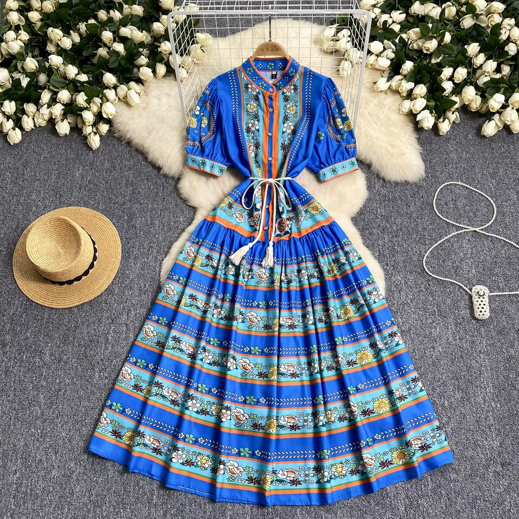 Summer Vintage Printed Oversize Long Maxi Beach Dress for Women's Lantern Sleeve Seaside Holiday Dresses