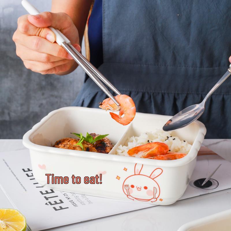 Microwaveable Ceramic Bento Box with Two or Three Compartments, Perfect for Students and Office Workers.