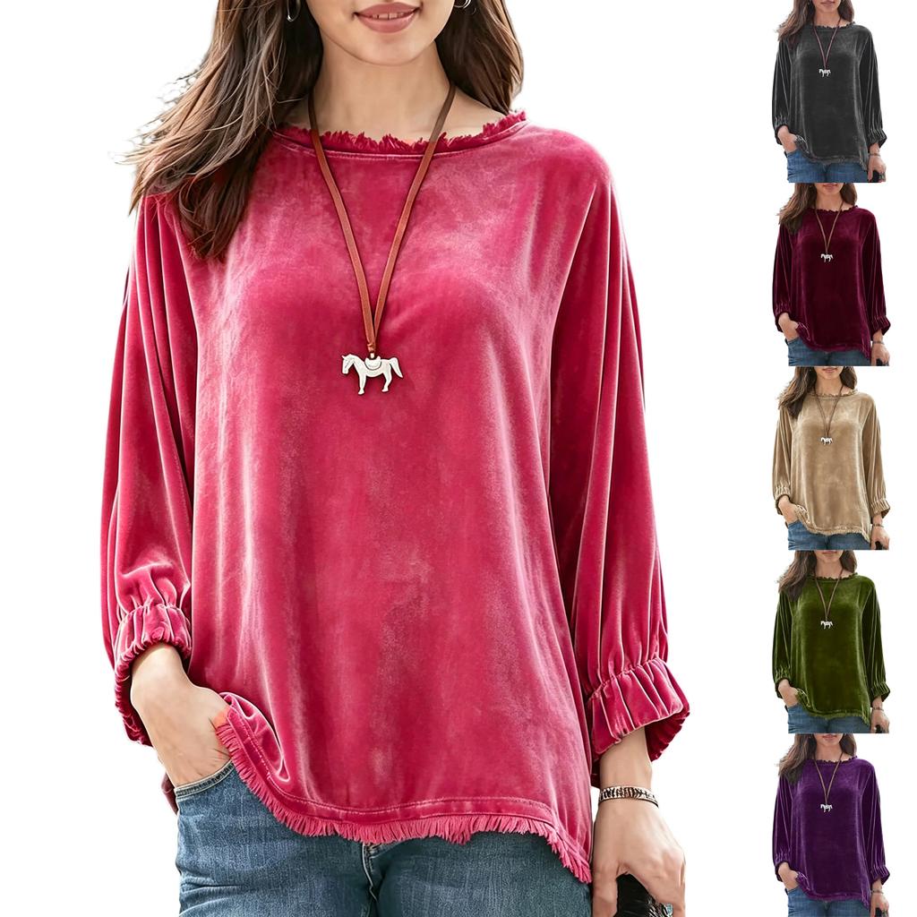 Women's Casual Pullover Top Color Neck Long Sleeve Loose Fit Shirt for Everyday Wear