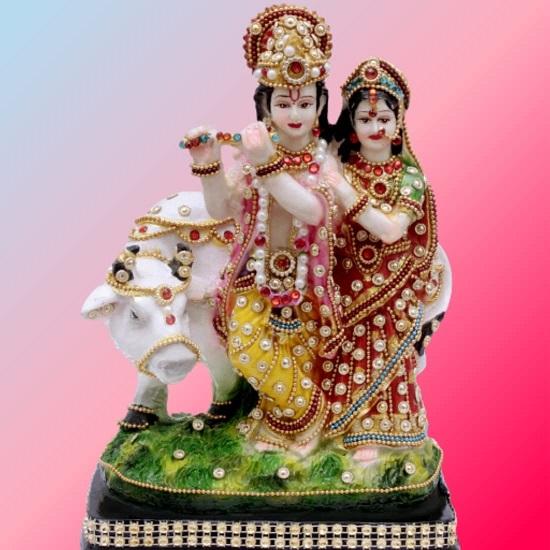 @ Indian Traditional Radha Krishna With Cow Statue For Pooja 760Gm