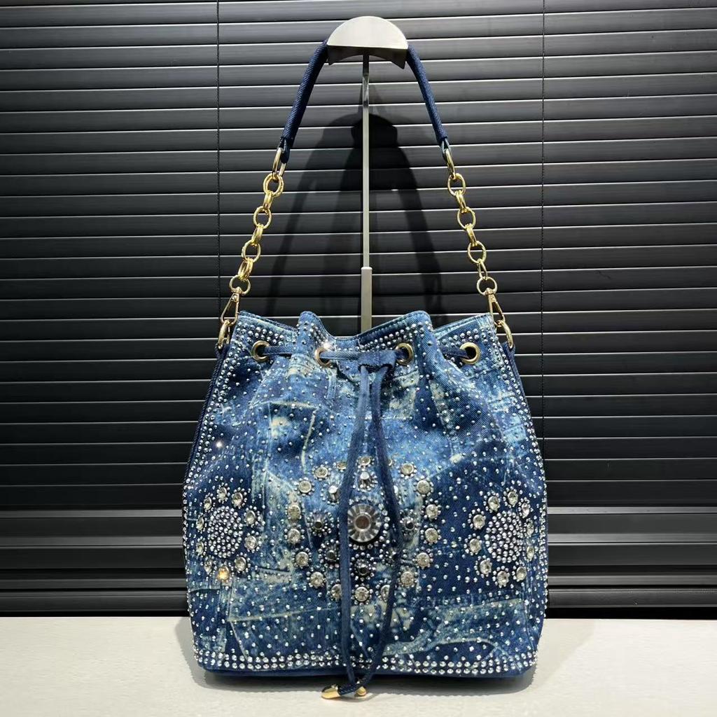 Modna Damska Torba Tote z Pranego Denimu o Dużej Pojemności z Elegancką Diamentową Dekoracją Wytrzymała Torba na Ramię