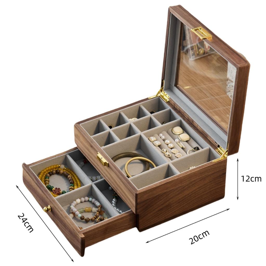 Retro Jewelry Trinket Box Large Capacity Bracelet Storage Boxes Transparent Glass Jewellery Display Cases Wooden Rings Case