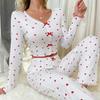 European and American Heart Print V-Neck Pajama Set for Women - Long-Sleeved Top and Long Pants Two-Piece Set