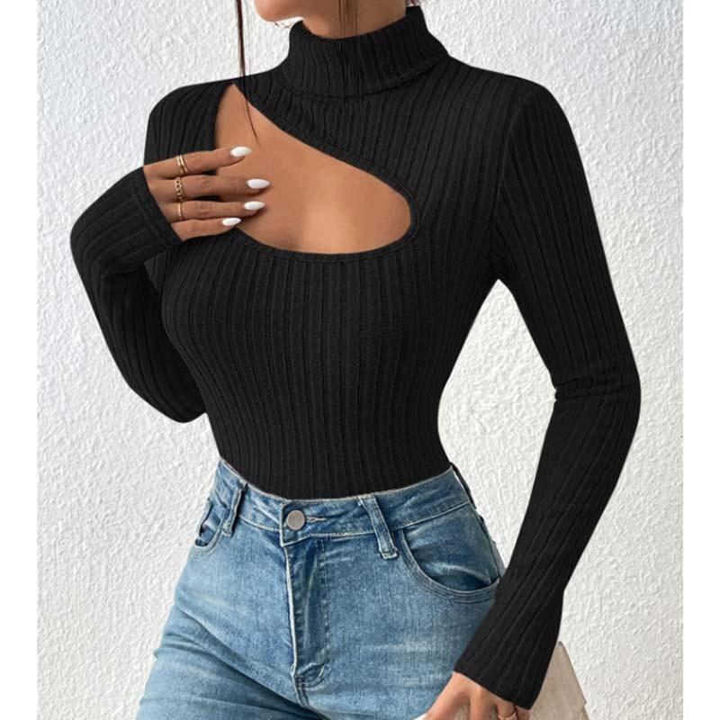 Sexy Svetr s výřezy Slim Fit Dámský Podzimní Rolák s dlouhým rukávem Volnočasový Pulovr Všestranný Top