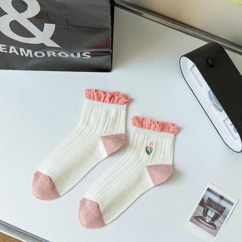 

Женские хлопковые носки до щиколотки с цветочной вышивкой - Летний тонкий стиль и Осенний простой кружевной дизайн One Size