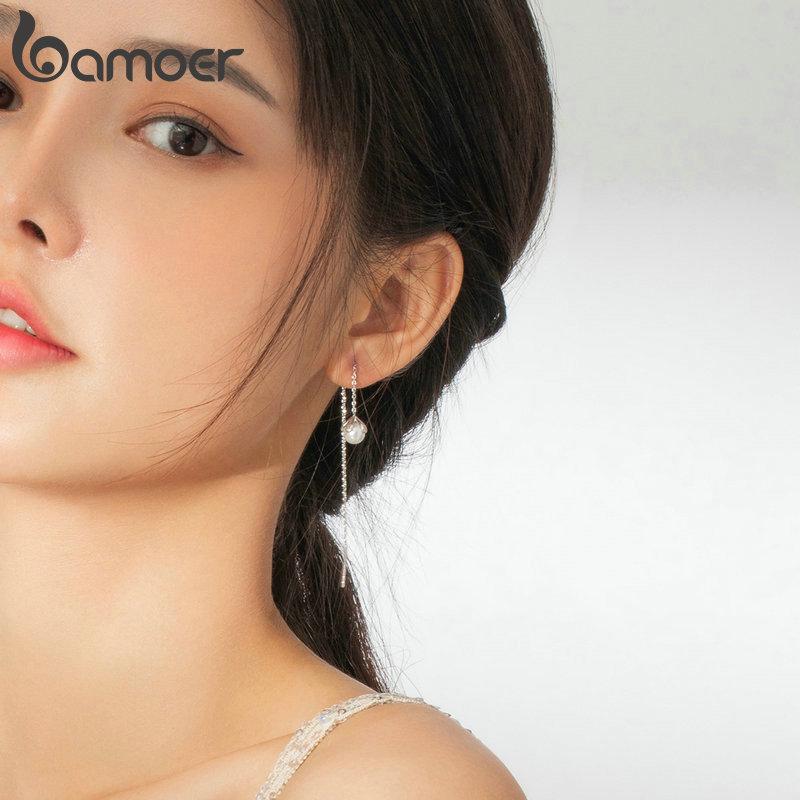 Bamoer Genuine 925 Sterling Silver Pearl Long Chain Drop Dangle Earrings for Women Elegant Jewelry