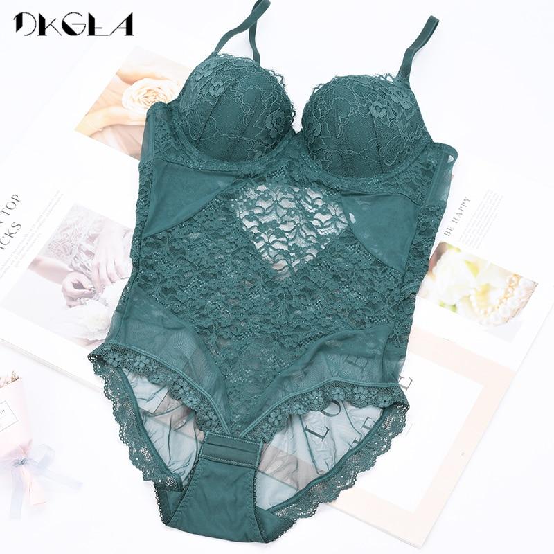 DKGEA Svart Sexy Jumpsuit Broderi Kvinner Body Push Up BH Blondeundertøy