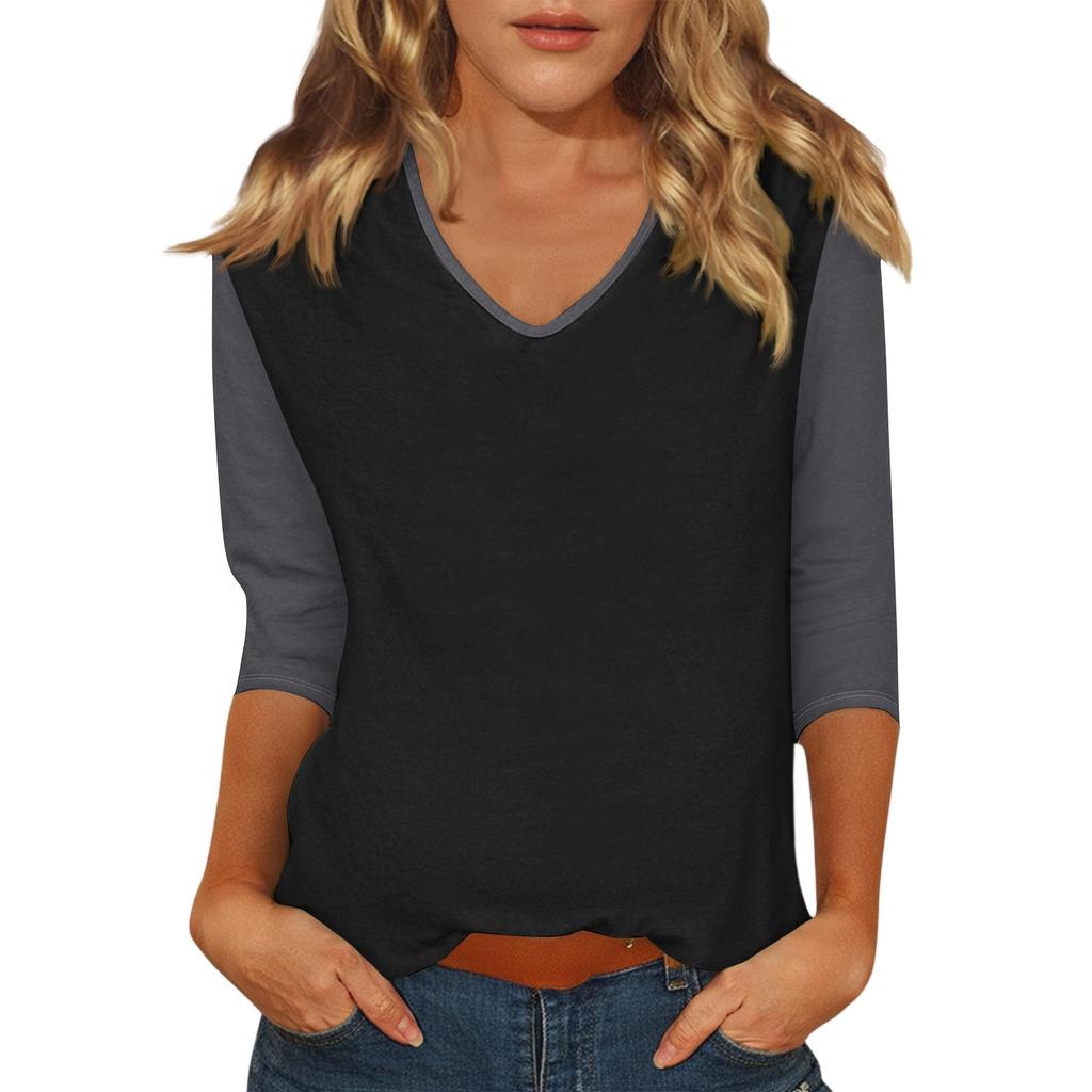 Women's Casual Fashion Sexy Comfortable V-neck Stitching Color Three-quarter Sleeve Top