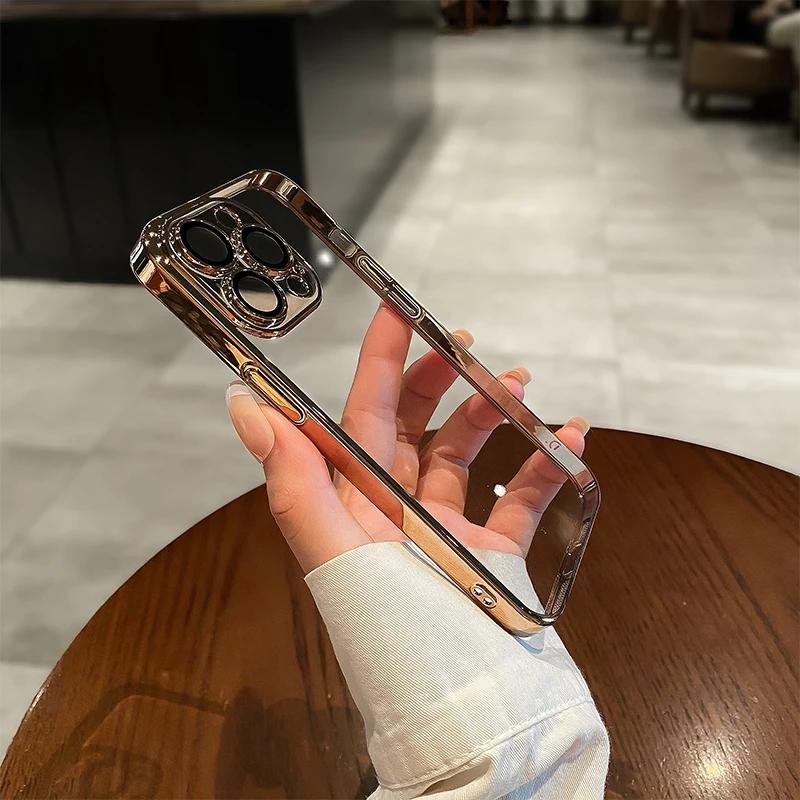 Luxusní pokovený průhledný silikonový kryt na telefon pro iPhone 16 15 14 13 12 11 Pro Max Plus X XR XS Mini kryt s ochranou objektivu zadní kryt