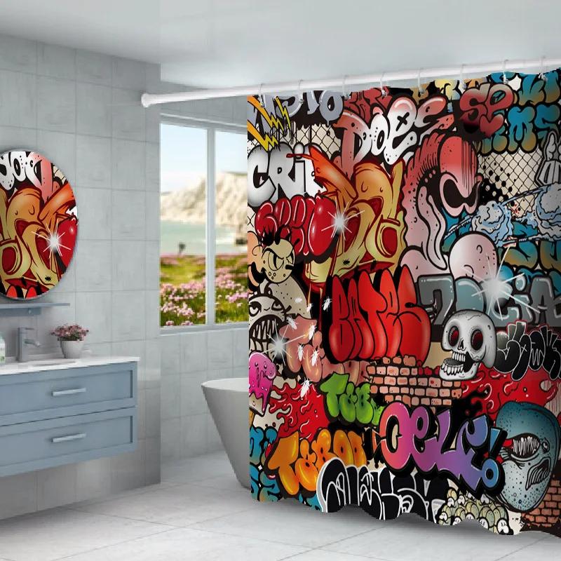 Funny Graffiti Anime Shower Curtains for Children 3D Print Bath Screen Decor Waterproof Polyester Fabric Bath Curtain with Hook