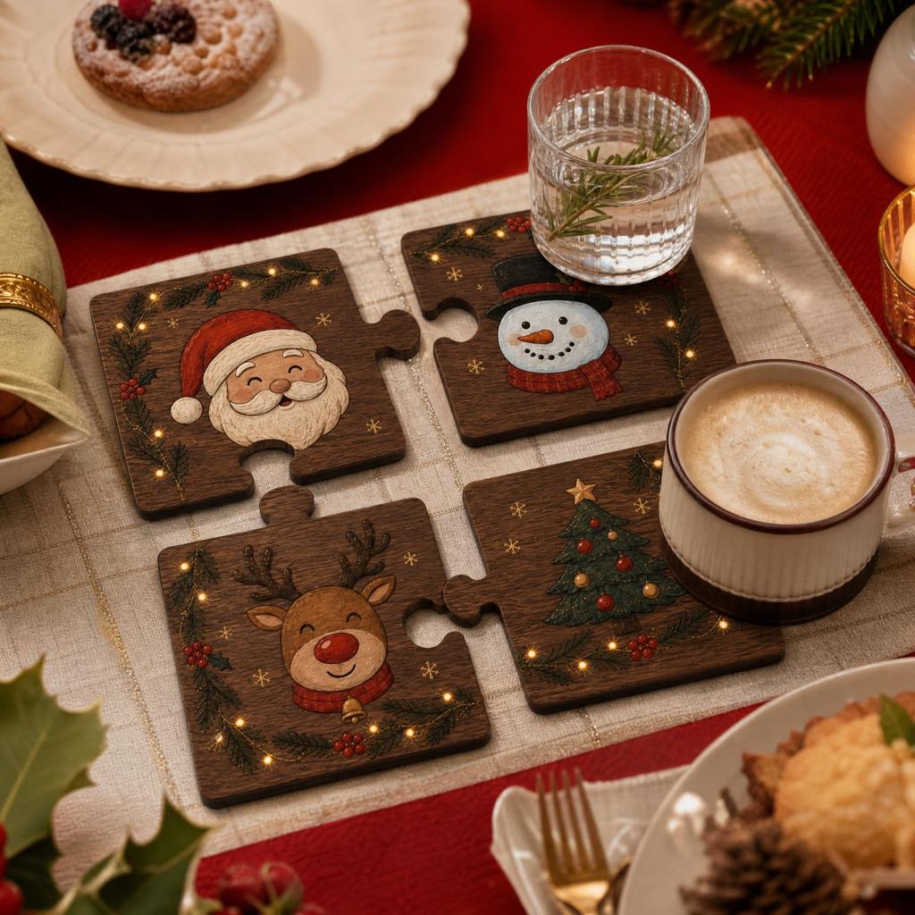 4 Pack Christmas Wooden with Santa Snowman Tree and Puzzle Design Holiday Decor