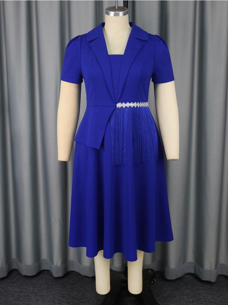 Blue Plus Size A Line Midi Dress for Women with Lapel Neck and Fringe Waist Detail for Church Formal Luncheons  Elegant Day Events