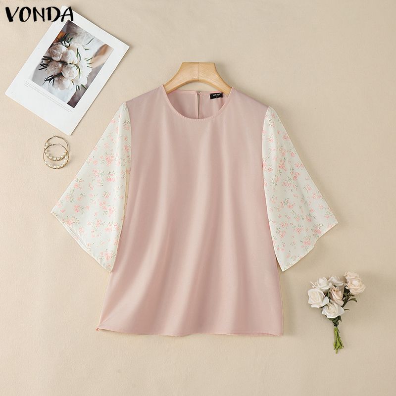 VONDA Summer Women O-Neck Print Splice 3/4 Sleeve Casual Loose Blouse