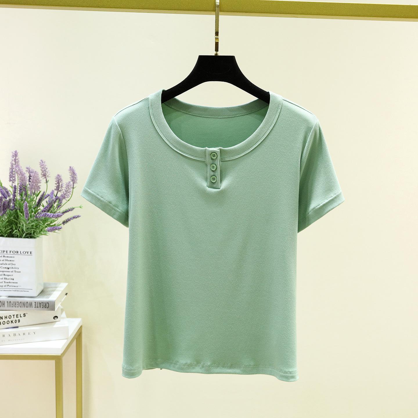 

Women s Slim Fit Thin Button-Design Ribbed Cotton T-Shirt with Round Neck and Short Sleeves M [40-48 kg] светло-зеленый