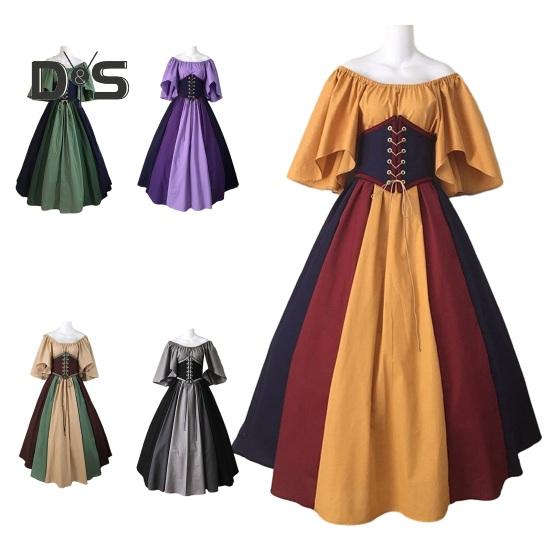 Women Halloween Dress Halloween Party Costume Flying Sleeve A-line Big Hem Contrast Color Patchwork Off Shoulder Pleated Tight Waist Medieval Vintage