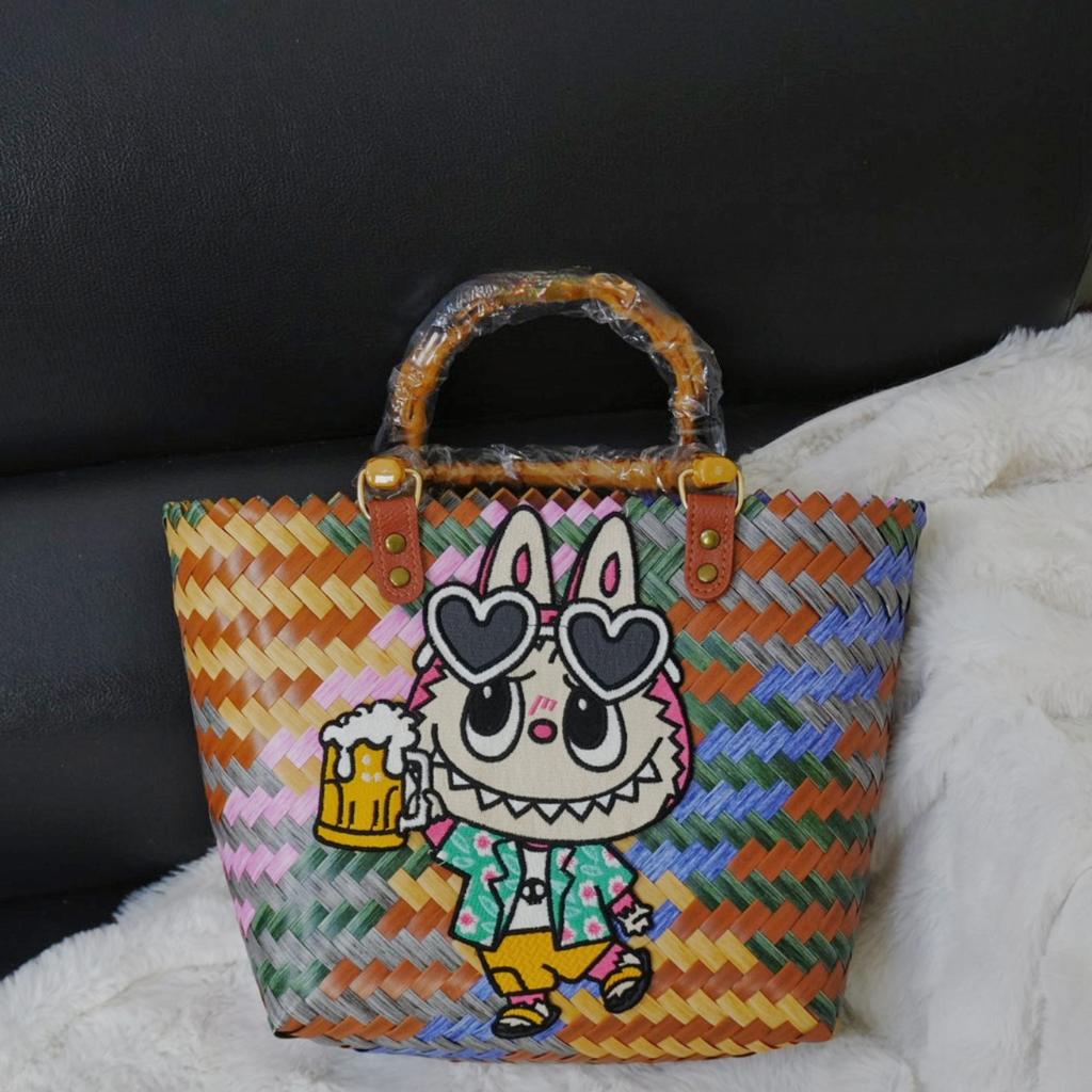 Labubu Summer new style net red woven basket bag shoulder handbag women's bag cute pull cloth cartoon rattan bag CLE