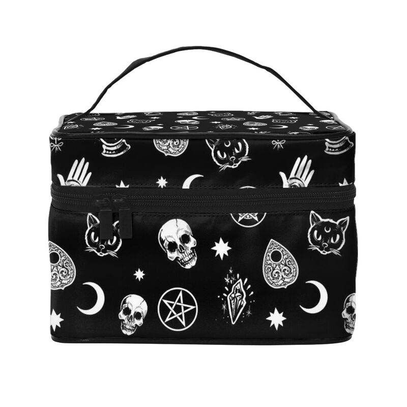 

Halloween Large Capacity Makeup Bag Gothic Skull Cat Carrying Portable Zip Toiletry Bags Cosmetic Cases Gift for Girls Women