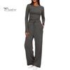 Long Sleeve Top Women Pants Set for Spring Fall, Slim Fit Crewneck Sweatshirt, Two Piece Sets Elastic Waist Loose Wide Leg Pants, Solid Color