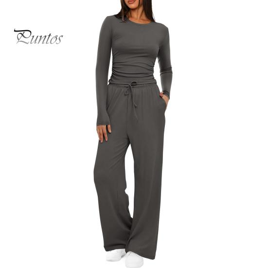 Long Sleeve Top Women Pants Set for Spring Fall, Slim Fit Crewneck Sweatshirt, Two Piece Sets Elastic Waist Loose Wide Leg Pants, Solid Color