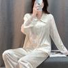 1011 New Ice Silk Pajamas for Women, Spring/Summer High-End Long-Sleeve Lace Loungewear Set, Suitable for Outdoor Use
