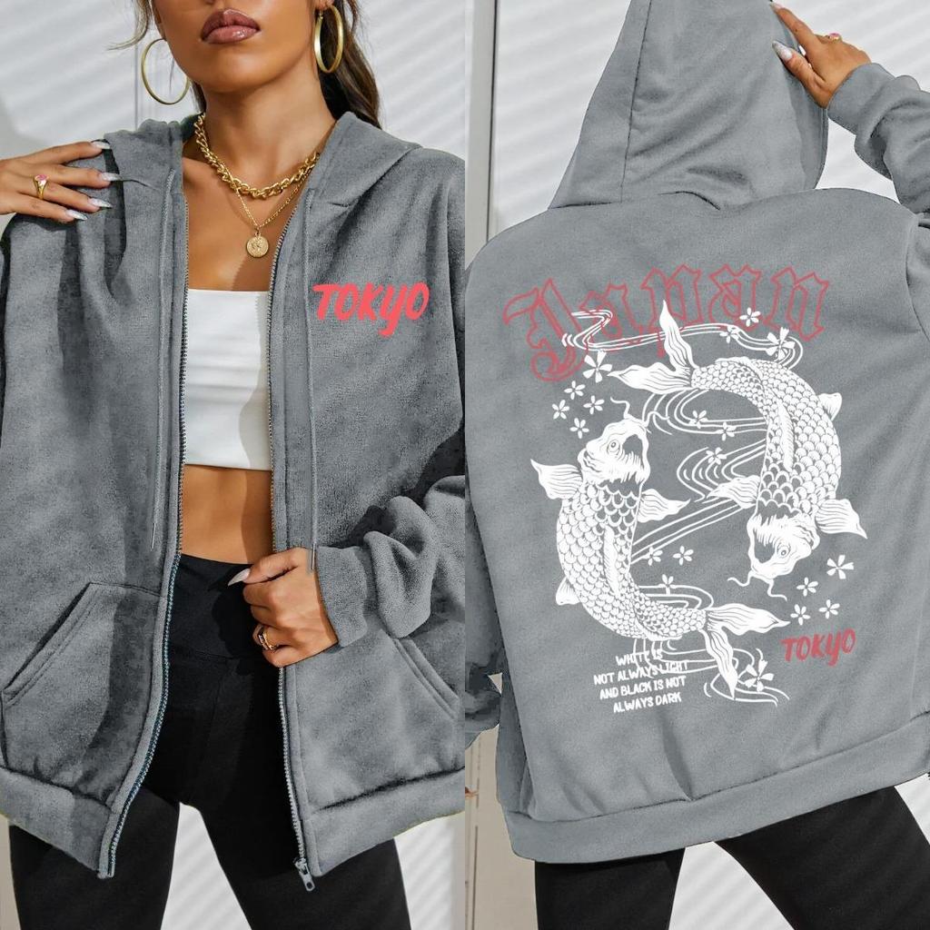 Japan Tokyo Harajuku Koi Fish Printed Hoody Women Soft Sportswears Street Zipper Hoodies Autumn Fleece Casual Sportswear