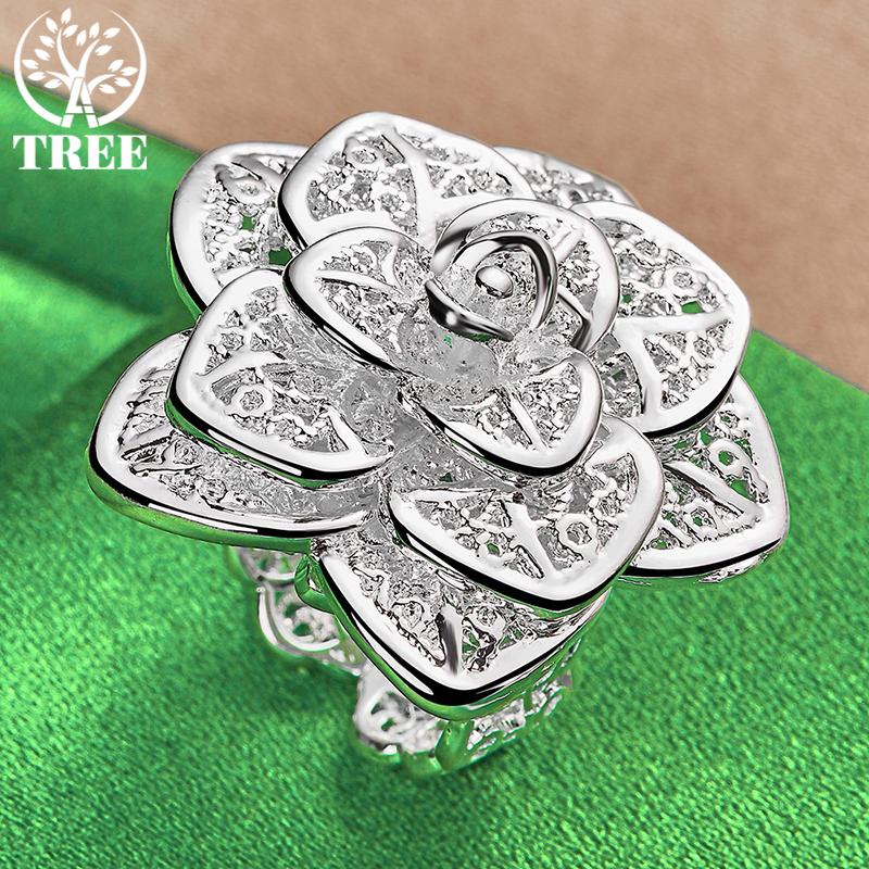 925 Sterling Silver Rose Flower Adjustable Opening Rings For Women Party Birthday Engagement Wedding Fashion Charm Jewelry Gift