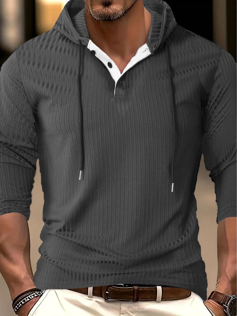 Men's Autumn/Winter Casual Hooded Long Sleeve Pullover with Drawstring and Button