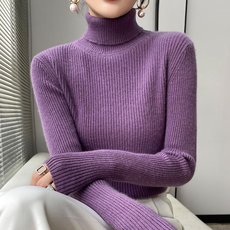 Women's Striped Turtleneck Sweater - High Neck, Long Sleeve Knit Top, Autumn/Winter Base Layer.