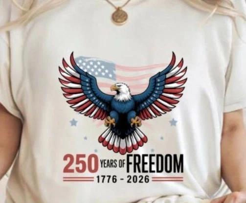 250 Years of Freedom 1776-2026 Patriotic Eagle T-Shirt USA Flag 4th of July Tee L