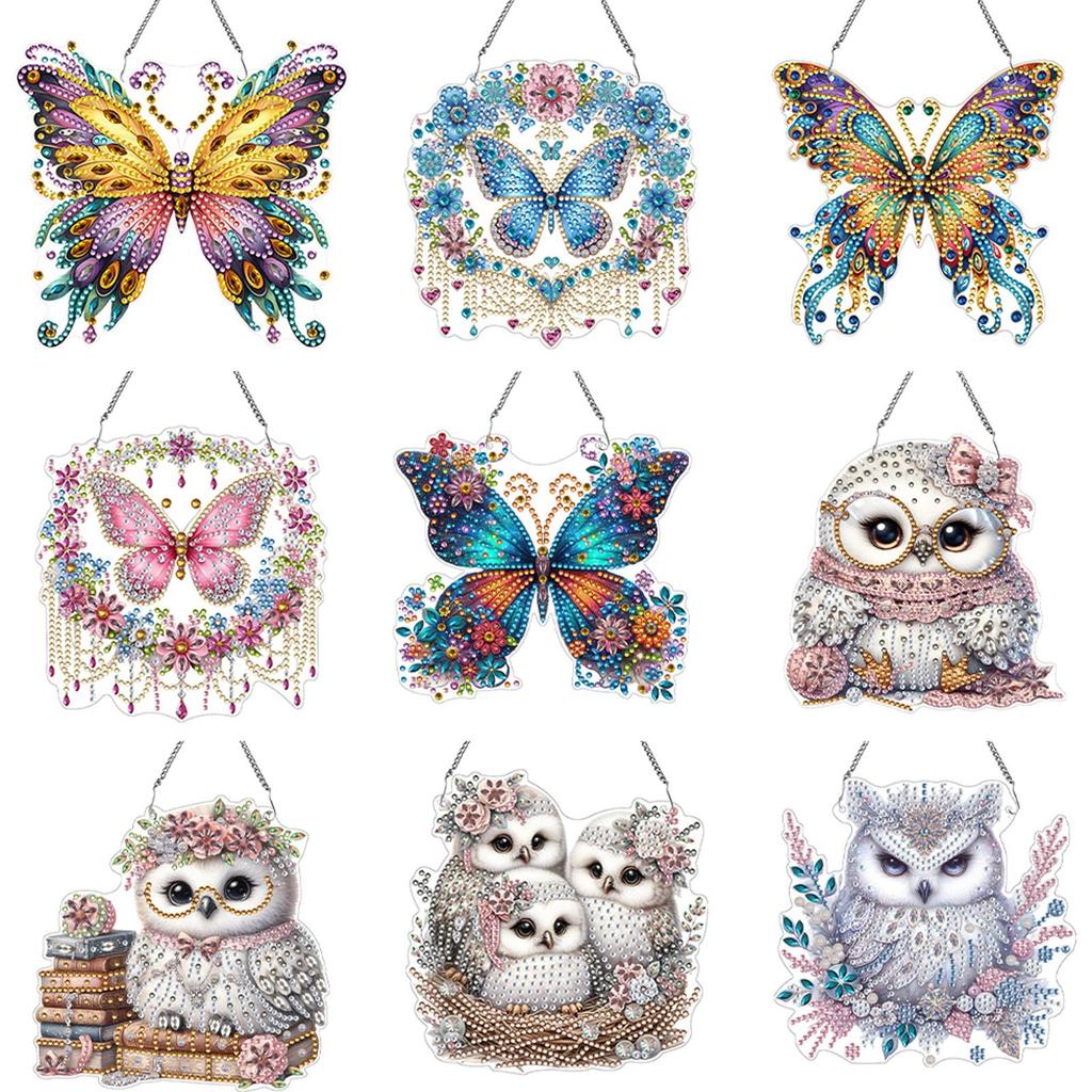 Double Sided Acrylic Owl 5D DIY Diamond Painting Dots Pendant Rhinestone Diamond Art Pendants for Garden Window Decor