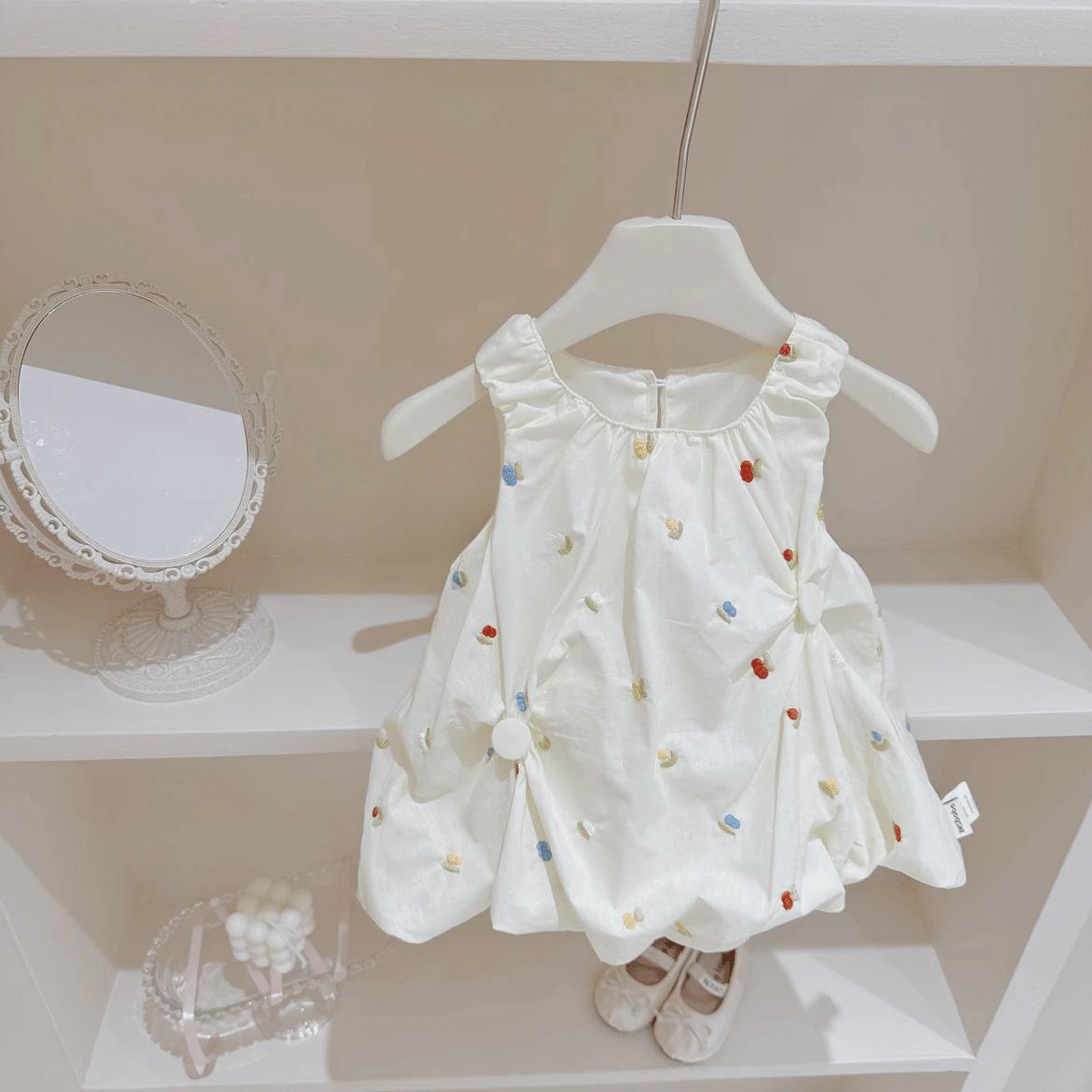 Girls Summer Sleeveless Embroidered Flower Dress Cute Cartoon Bud Skirt Baby Stylish Vest Dress 130cm