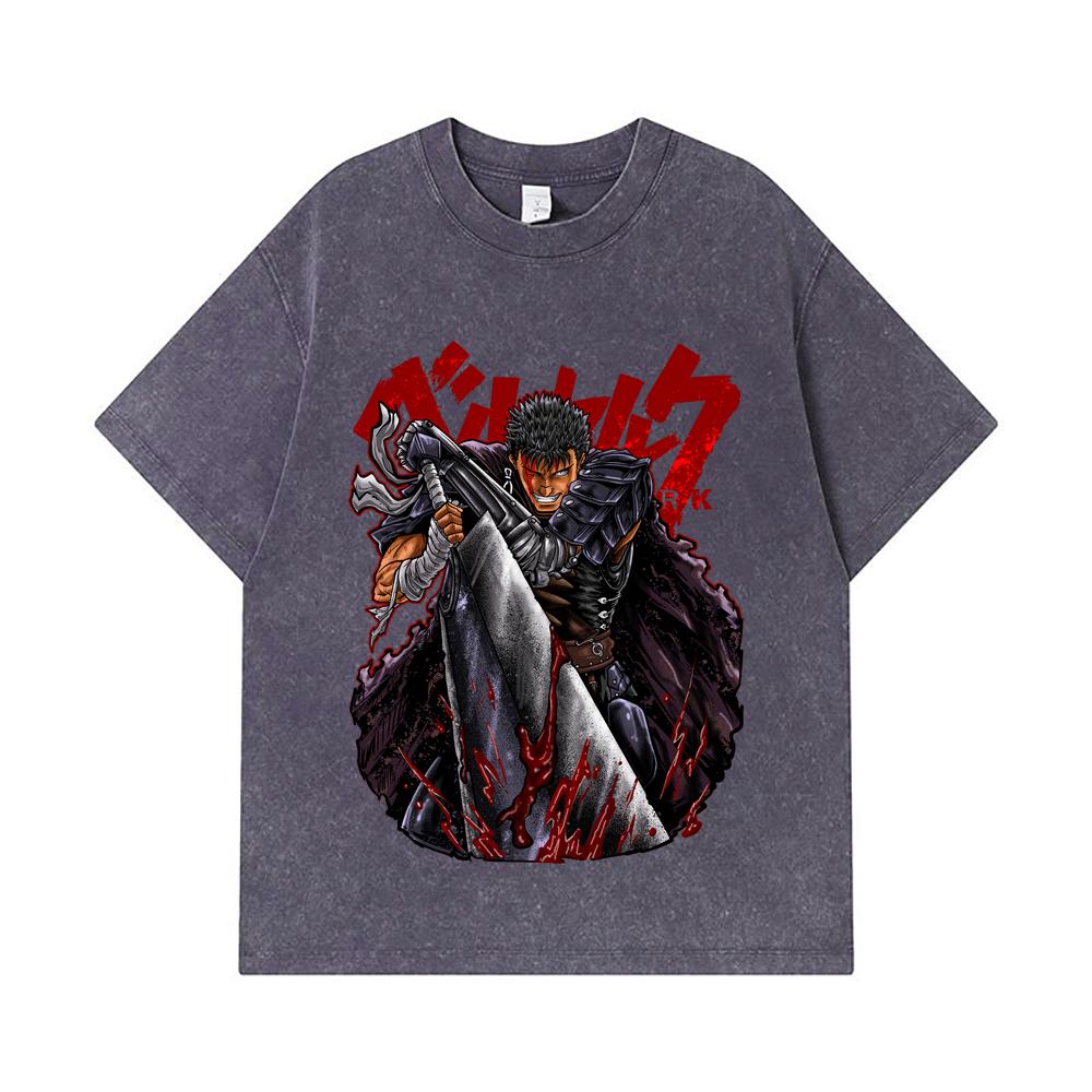 GSM Washed Tshirts Cotton Berserk V Print Unisex Heavy Cotton T Shirt