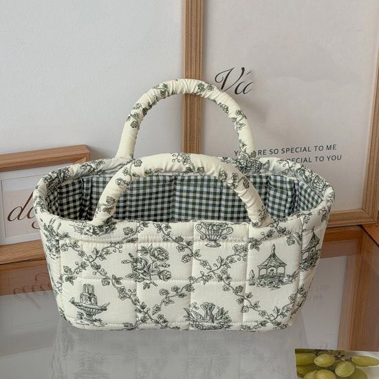 Quilted Handbag with Built-in Handle Vine Pattern Compact Size Foldable Plant Pot Organizer Cosmetics