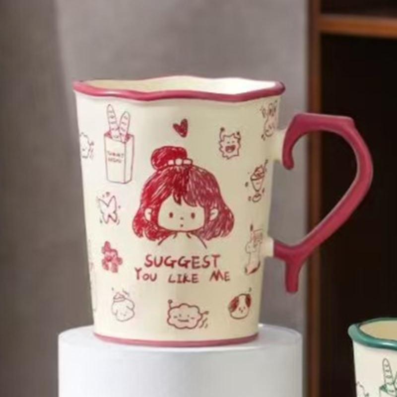 

Креативная Персонализированная Пара с Крышкой и Ложкой Керамическая Чашка Высокого Внешнего Вида Большая Вместимость Кружка для Маленького Подарка для Девочек Чашка для Воды для Домашнего Использования 400ML
