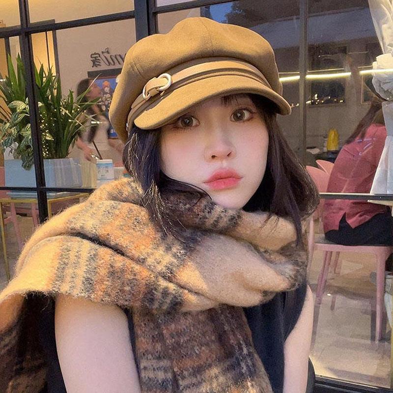 Autumn and Winter Hat Women's Retro Belt Buckle Octagonal Hat Showing Face Newsboy Hat Literary Cap