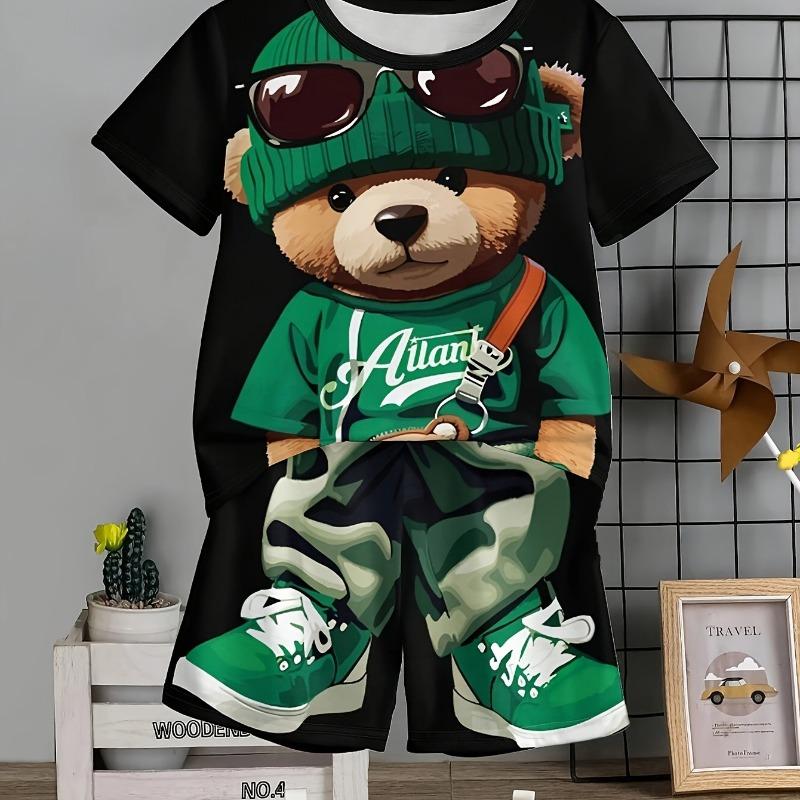 Men Clothes 2pcs Boys Fun Cartoon Bear Print Short Sleeve T-Shirt Shorts Set Summer Active Boys Complete Stylish Look