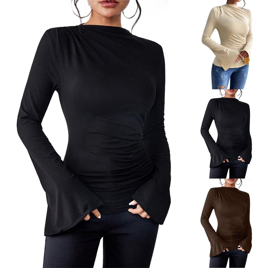 Women's Fashion Trumpet Sleeve Stand Collar Slim Fit Long Sleeve Top