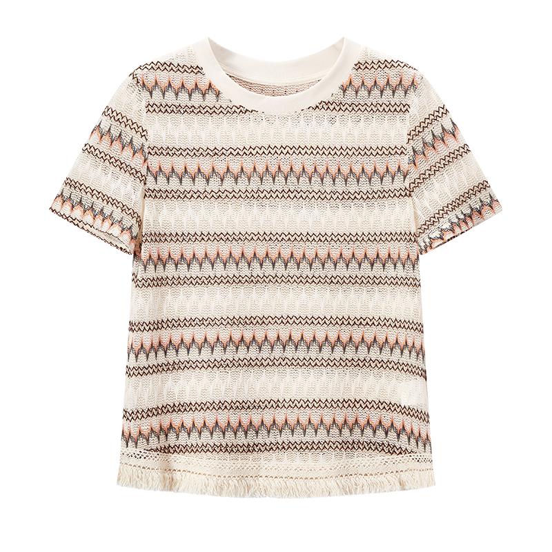 Xiangying Women s Resort Striped Knit T-Shirt with Tassel Trim S