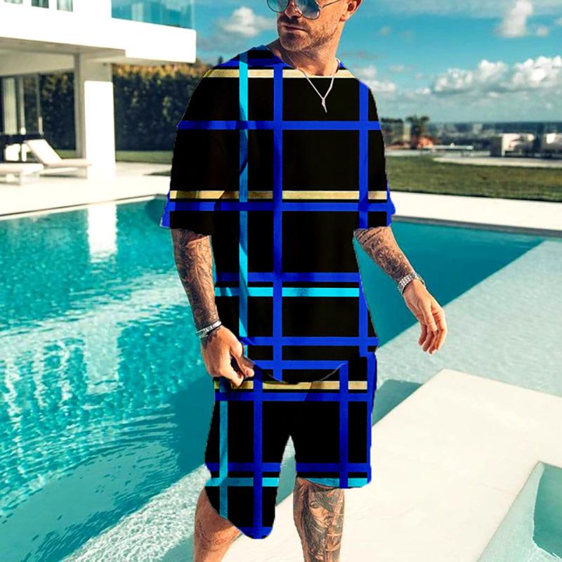 Men's 3D Printed Sports Two-Piece Set O-Neck T-Shirt Striped Print Casual Fitness Short Sleeve Tops Shorts