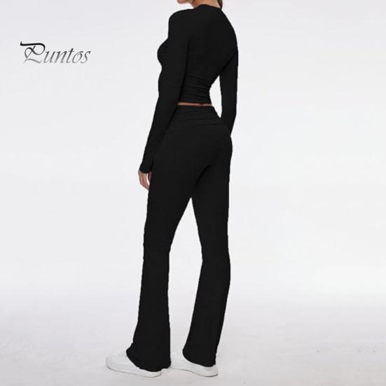 2 Pcs/Set Women Top Pants Suit Skinny High Waist O Neck Long Sleeves Pure Color Stretchy Soft Breathable Yoga Bell Bottoms T-shirt Set Spring Summer
